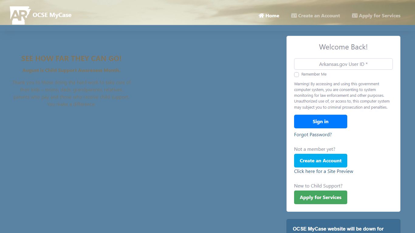 Welcome to Arkansas OCSE MyCase Website